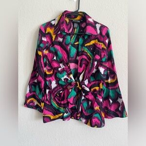 BellaPelle woman front tie blouse size M colorful abstract 100% cotton sexy open